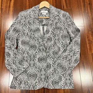 Level99 Gray Blazer Jacket Snake Print Linen Lyocell Shoulder Pads Pattern Sz M